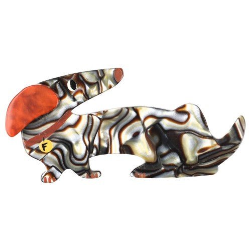 Mica Dachshund Fifi Dog Brooch with a Ginger Ear - Galalith – Vintage Jewelry - handcrafted by Pavone by Pavone