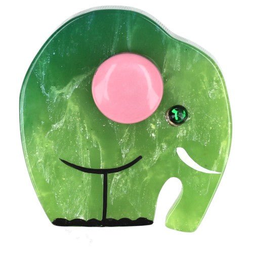 Veined Green Alphonse Elephant Brooch with a Pink Ear (Mini Brooch) - Galalith – Vintage Jewelry - handcrafted by Pavone by Pavone