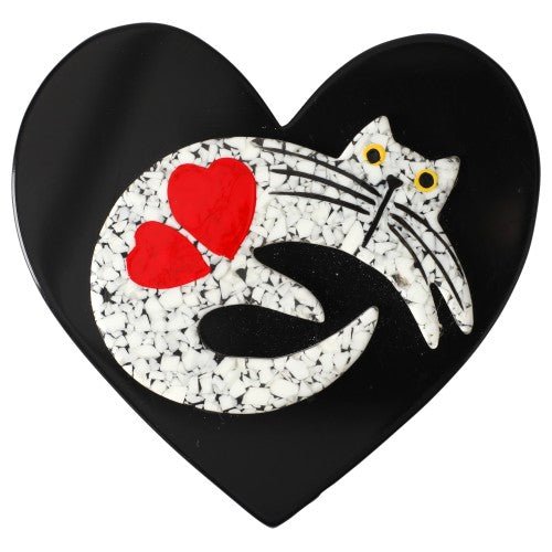 Mosaic White Cat on Black Heart Brooch - Galalith – Vintage Jewelry - handcrafted by Pavone by Pavone