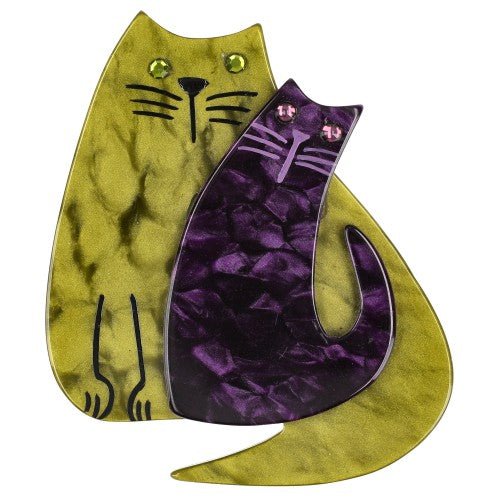 Moss Green and Purple Cat Couple Brooch (left) - Galalith – Vintage Jewelry - handcrafted by Pavone by Pavone
