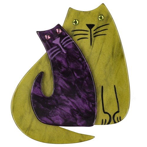 Moss Green and Purple Cat Couple Brooch (Right) - Galalith – Vintage Jewelry - handcrafted by Pavone by Pavone