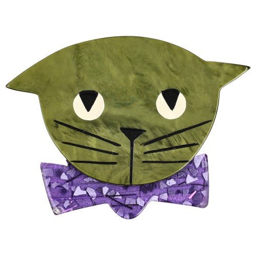Moss Green Bow Tie Cat Brooch wearing a Purple Mosaic Bow Tie - Galalith – Vintage Jewelry - handcrafted by Pavone by Pavone