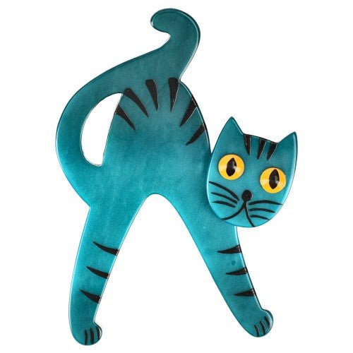 Ocean Blue Happy Cat Brooch (Large Size) (Right) - Galalith – Vintage Jewelry - handcrafted by Pavone by Pavone