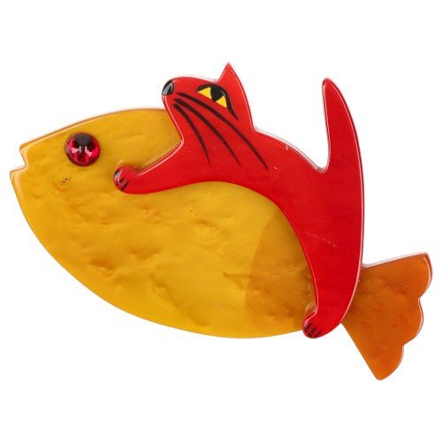 Ochre Yellow and Red Sinbad Cat Brooch (small size) - Galalith – Vintage Jewelry - handcrafted by Pavone by Pavone