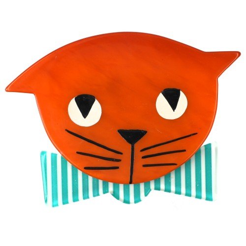 Orange Bow Tie Cat Brooch wearing a Striped Green-White Bow Tie - Galalith – Vintage Jewelry - handcrafted by Pavone by Pavone