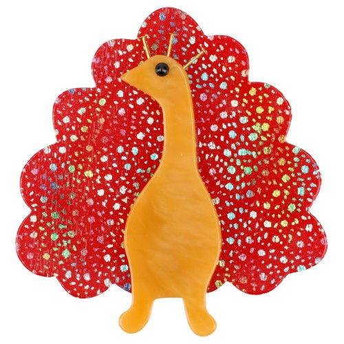 Yellow and Red with multi-colored shiny dots Peacock Bird Brooch