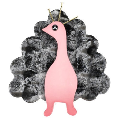 Powder Pink and Mineral Grey Peacock Bird Brooch - Galalith – Vintage Jewelry - handcrafted by Pavone by Pavone