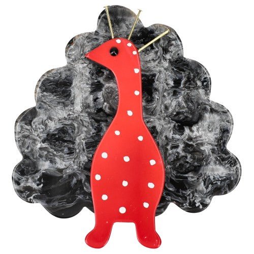 Mottled Grey and Red with White Dots Peacock Bird Brooch - Galalith – Vintage Jewelry - handcrafted by Pavone by Pavone