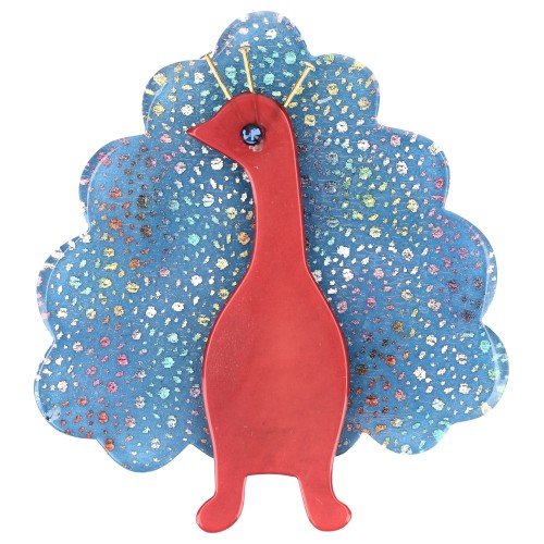 Red with Multicolored and Shiny dots Blue Peacock Bird Brooch - Galalith – Vintage Jewelry - handcrafted by Pavone by Pavone