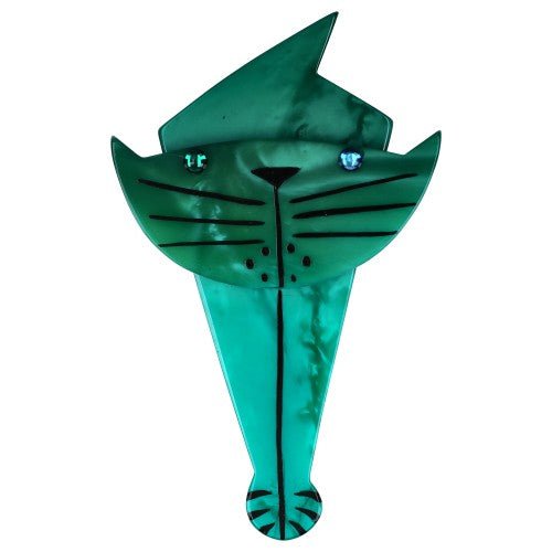 Pearly Emerald Green Voltiko Cat Brooch - Galalith – Vintage Jewelry - handcrafted by Pavone by Pavone