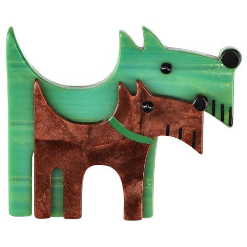 Pearly Green and Ginger Double Dog Brooch - Galalith – Vintage Jewelry - handcrafted by Pavone by Pavone
