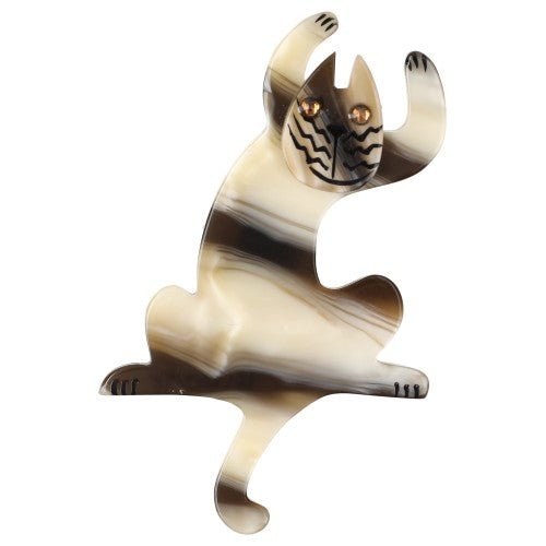 Pearly Ivory and Brown Jazzy Cat Brooch (small size) - Galalith – Vintage Jewelry - handcrafted by Pavone by Pavone