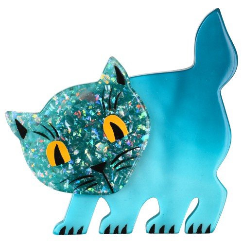 Pearly Turquoise and Brilliant Turquoise Amazed Cat Brooch - Galalith – Vintage Jewelry - handcrafted by Pavone by Pavone