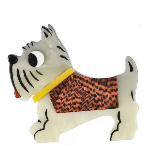 Pearly White, Red and Black Checkered Coat, Yellow Collar, Jano Dog Brooch - Galalith – Vintage Jewelry - handcrafted by Pavone by Pavone
