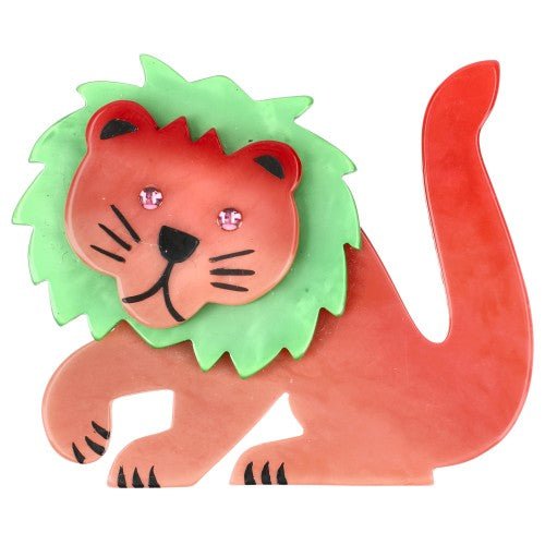 Pink and Green Leo Lion Brooch - Galalith – Vintage Jewelry - handcrafted by Pavone by Pavone