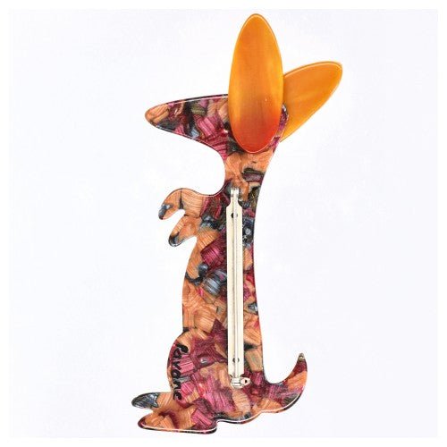 Pink-Ochre Marquetry Boogie Bunny Rabbit Brooch with Yellow Ears - Galalith – Vintage Jewelry - handcrafted by Pavone by Pavone