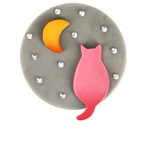 Grey and Candy Pink Full Moon Cat Brooch