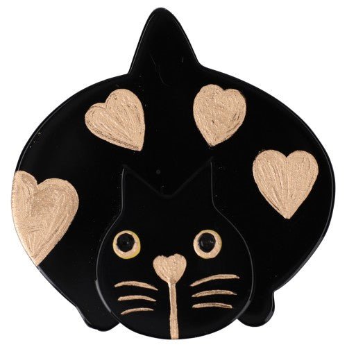 Black with gold Hearts Lurking Cat Decor Brooch (large size) - Galalith – Vintage Jewelry - handcrafted by Pavone by Pavone