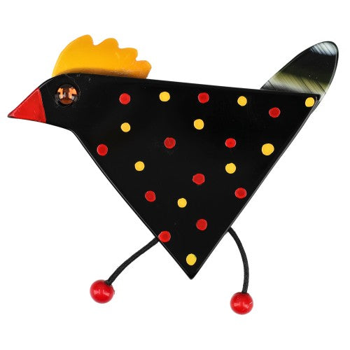 Black, Yellow and Red Cocotte with striped tail Hen Brooch