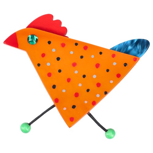 Orange, red and turquoise Cocotte Hen Brooch 