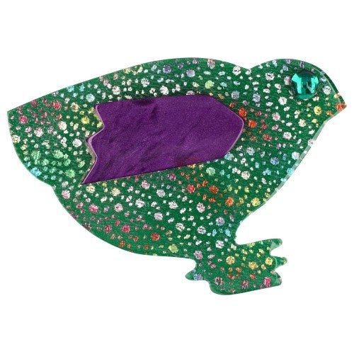 Green and Multicolored Glitters Hen Brooch With Purple Wing - Galalith – Vintage Jewelry - handcrafted by Pavone by Pavone