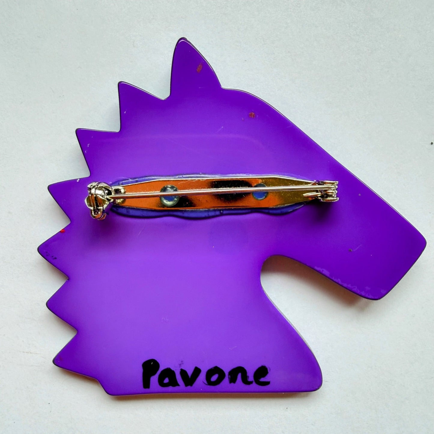 Purple and multicolored Horse 's Head Brooch - Galalith – Vintage Jewelry - handcrafted by Pavone by Pavone