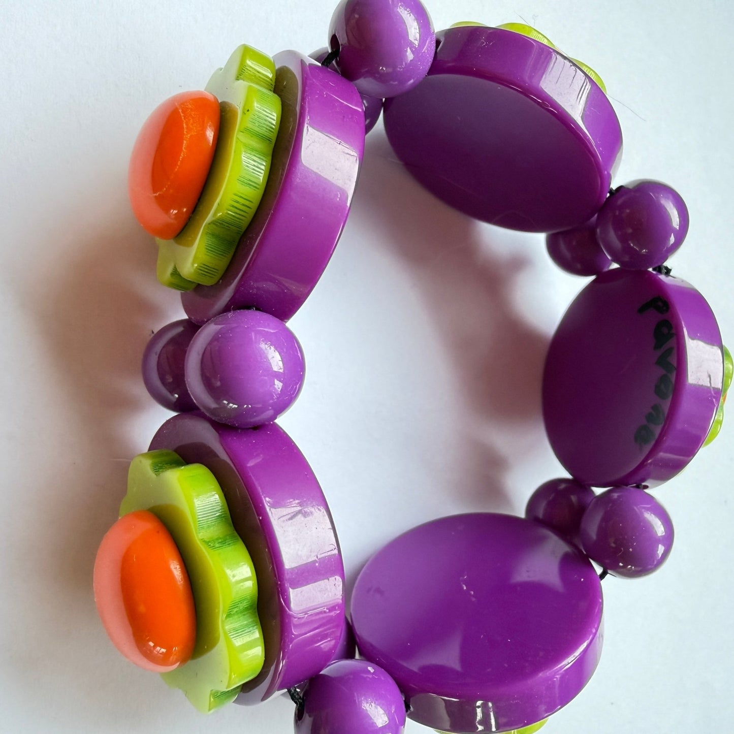 Purple, Orange and Anis Green Flowers Bracelet - Galalith – Vintage Jewelry - handcrafted by Pavone by Pavone