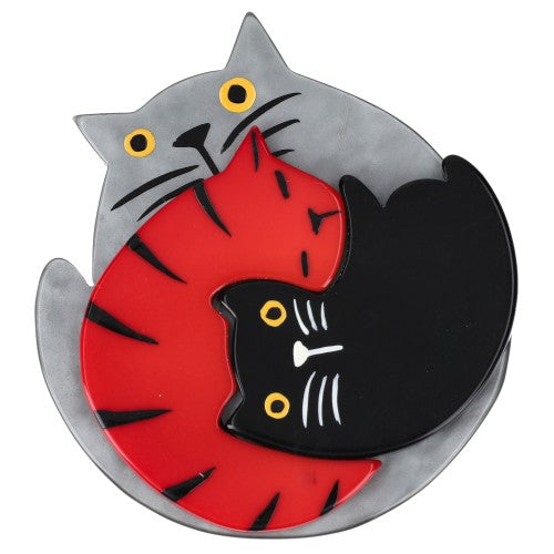 Grey, Red and Black Puzzle Cat Brooch 
