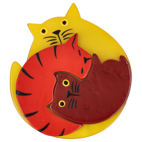 Yellow, Red and Bordeaux Puzzle Cat Brooch