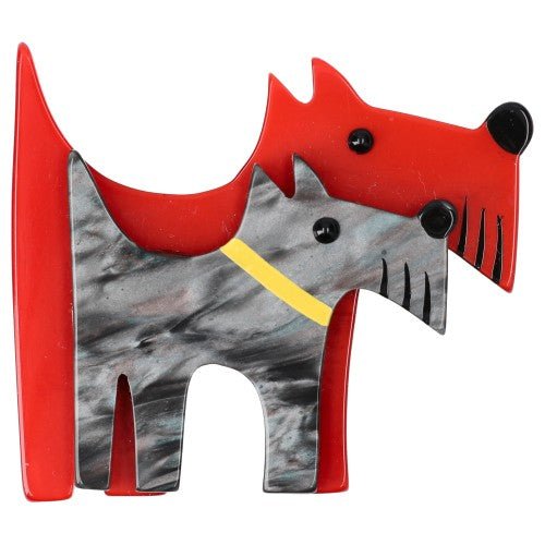 Red and Agate Grey Double Dog Brooch - Galalith – Vintage Jewelry - handcrafted by Pavone by Pavone