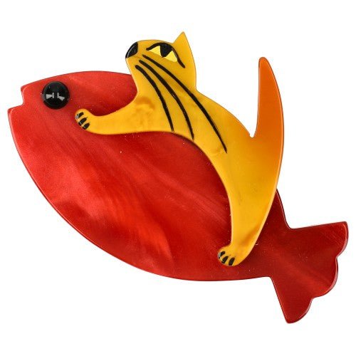 Red and Ochre Yellow Sinbad Cat Brooch (small size) - Galalith – Vintage Jewelry - handcrafted by Pavone by Pavone