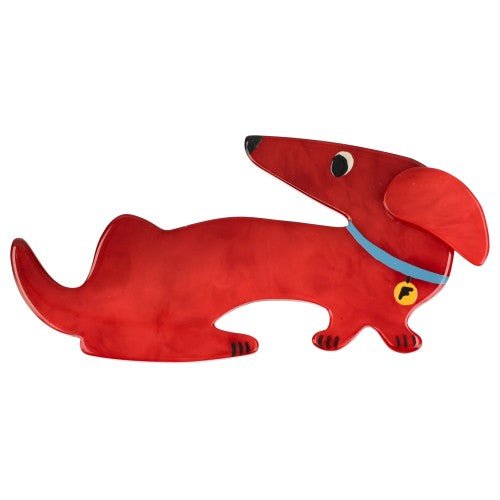 Red Dachshund Fifi Dog Brooch with a Blue necklace - Galalith – Vintage Jewelry - handcrafted by Pavone by Pavone