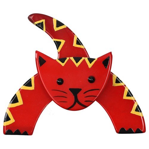 Red Loulou Cat Brooch With Black and Yellow - Galalith – Vintage Jewelry - handcrafted by Pavone by Pavone