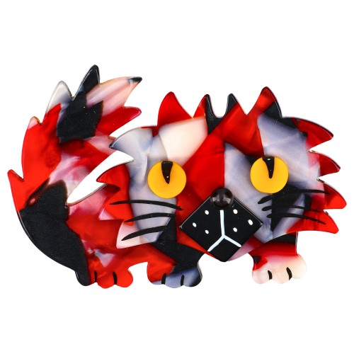 Grey, Red, Black and White Rocky Cat Brooch