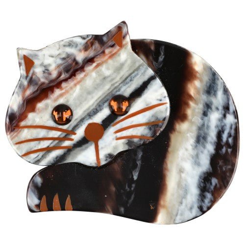 Brown - Beige - Ginger Roudoudou Cat Brooch with Yellow Eyes - Galalith – Vintage Jewelry - handcrafted by Pavone by Pavone