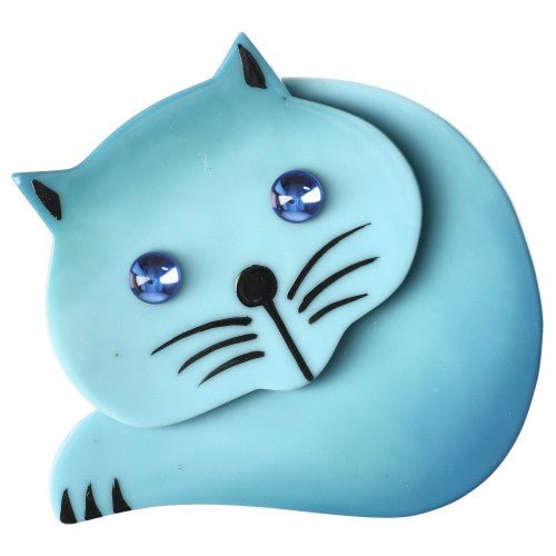 Aquamarine Blue Roudoudou Cat Brooch with Blue Eyes - Galalith – Vintage Jewelry - handcrafted by Pavone by Pavone