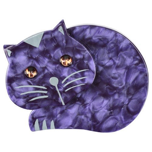 Indigo Purple Roudoudou Cat Brooch with Yellow Eyes - Galalith – Vintage Jewelry - handcrafted by Pavone by Pavone