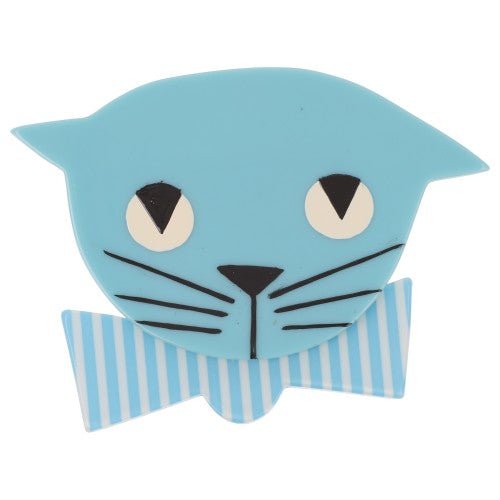 Sky Blue and White striped Light Blue Bow Tie Cat Brooch - Galalith – Vintage Jewelry - handcrafted by Pavone by Pavone