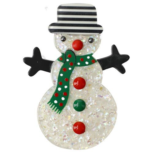 Brilliant White Snowman Brooch with a black striped hat and a green polka dot scarf - Galalith – Vintage Jewelry - handcrafted by Pavone by Pavone