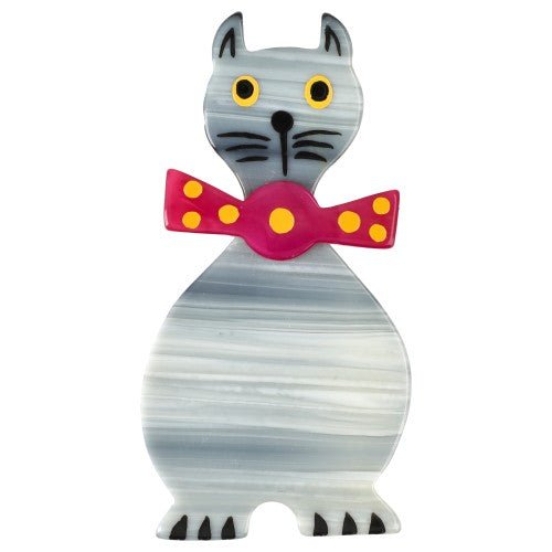 Striped Grey and Black with Red Dandy Cat Brooch - Galalith – Vintage Jewelry - handcrafted by Pavone by Pavone