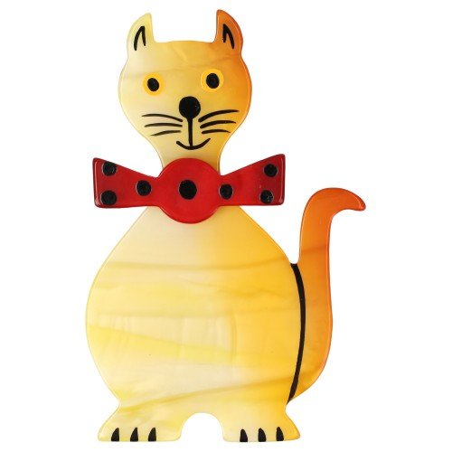 Striped Light Yellow and Red Dandy Cat Brooch - Galalith – Vintage Jewelry - handcrafted by Pavone by Pavone