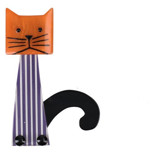 Orange and Striped Purple Teapot Cat Brooch - Galalith – Vintage Jewelry - handcrafted by Pavone by Pavone