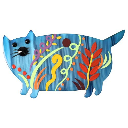Turquoise Blue Decor Cat Brooch - Galalith – Vintage Jewelry - handcrafted by Pavone by Pavone