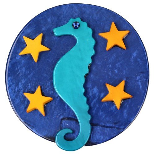 Turquoise Blue Seahorse in a Përsian Blue Circle Brooch - Galalith – Vintage Jewelry - handcrafted by Pavone by Pavone