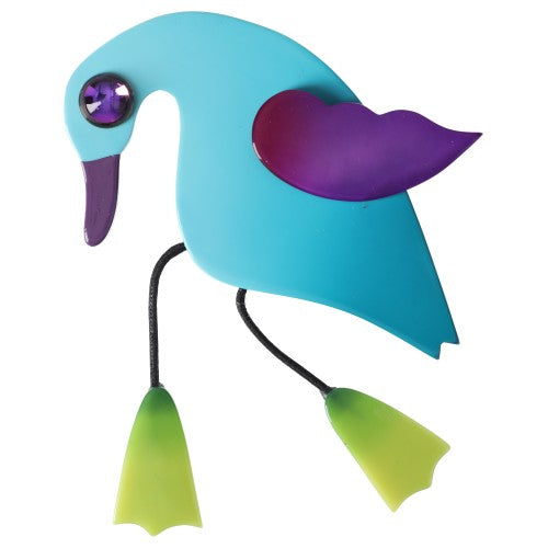 Aquamarine and Purple Twisty Bird Brooch with Anise Feet