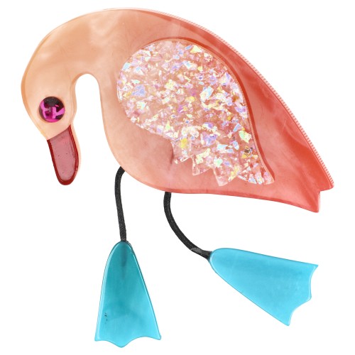 Peach Pink Twisty Bird Brooch with Aquamarine Feet