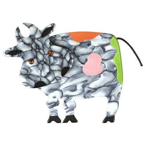 Marbled Gray and Pastel Colors Lolo Cow Brooch - Galalith – Vintage Jewelry - handcrafted by Pavone by Pavone