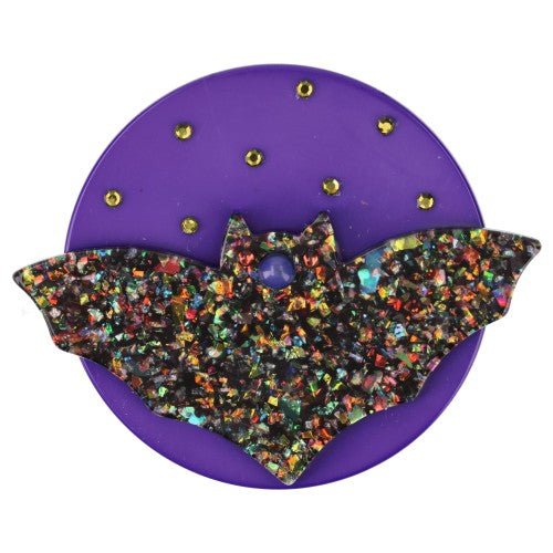 Brilliant Black - Green and Purple Bat Moon Brooch (large size) - Galalith – Vintage Jewelry - handcrafted by Pavone by Pavone