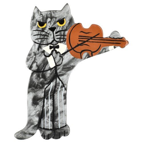 Marbred Siver Grey Violonist Cat Brooch - Galalith – Vintage Jewelry - handcrafted by Pavone by Pavone