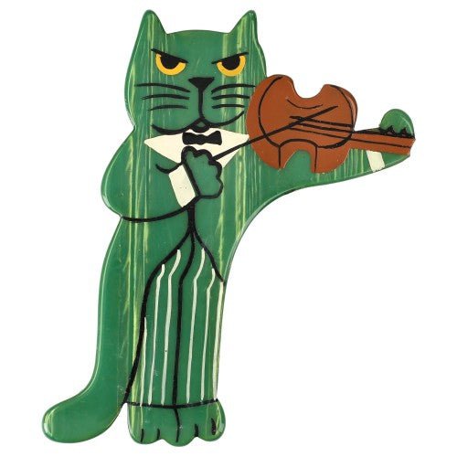 Green with Fil Argent Violinist Cat Brooch - Galalith – Vintage Jewelry - handcrafted by Pavone by Pavone